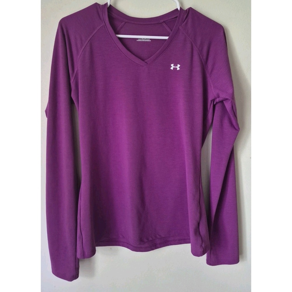 Under Armour HeatGear Women's Long Sleeve Purple White Logo V-neck Size M